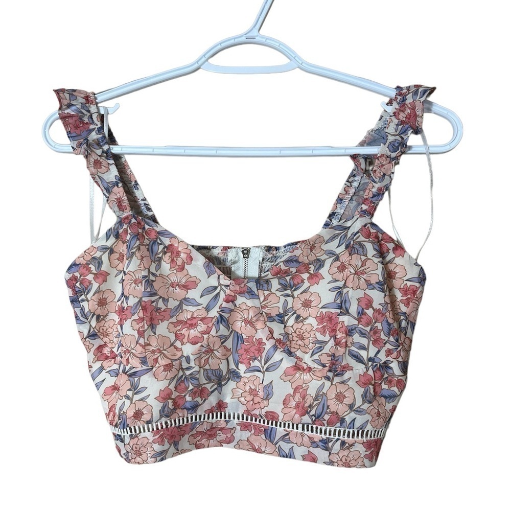 Kendall‎ & Kylie Ruffle V-Neck Back Zip Cropped Floral Blouse Small Cottagecore